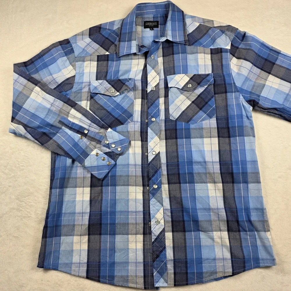 Gioberti‎ Western Snap Shirt Mens Large Blue Plaid Excellent Pearl Snap Pockets